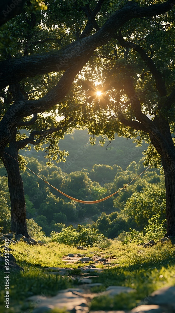 Fototapeta premium Hammock hangs valley trees sunny bliss photos