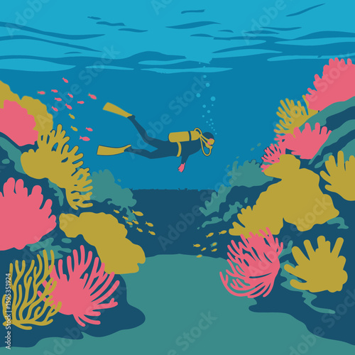 Scuba diver explores vibrant underwater coral reef, showcasing diverse marine life and colorful coral formations.