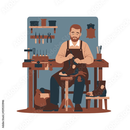 A shoemaker repairs a boot in his workshop, surrounded by tools and materials.