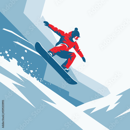 A snowboarder in mid-air, executing a jump down a snowy mountain slope.