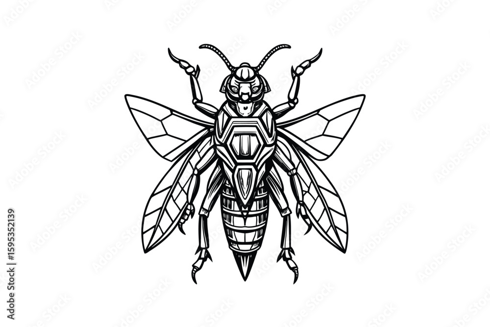 Obraz premium Detailed Line Art Illustration of a Robotic Wasp Featuring Intricate Mechanical Details and a Striking Black and White Design for Modern and Futuristic Themes