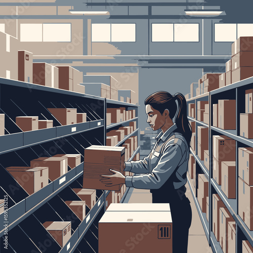 A warehouse worker carefully places a cardboard box onto a shelf filled with packages.