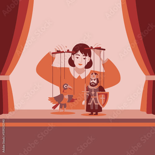 Woman operating a puppet show with a bird and a king puppet on a stage with red curtains.