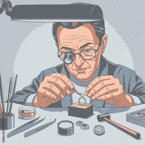 A jeweler meticulously examines and works on a ring under bright lighting.