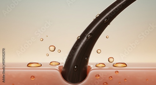 Vibrant depiction of a hair root and scalp, with enriching serum bubbles symbolizing deep hair care.