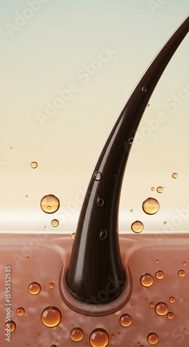 Glossy hair strand rising from skin, emphasizing essential oil application for scalp and hair vitality.