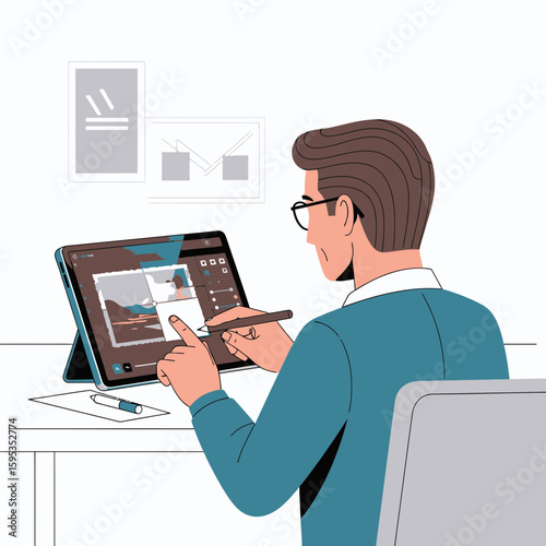 Man using a stylus on a tablet with a photo editing app, sitting at a desk in a modern office.