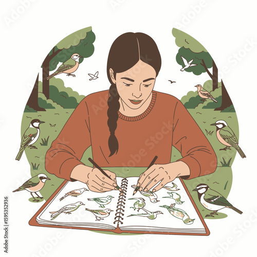 A woman sketches birds in a notebook, surrounded by nature and avian life.