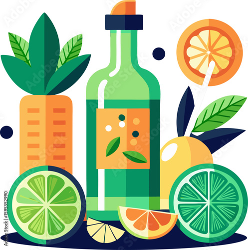 "Rum cocktail ingredients: sugarcane, lime, mint, and bottle