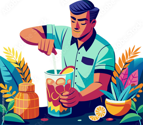 Bartender pouring rum into a tiki glass with vibrant background icon