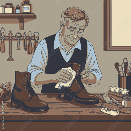 An elderly shoemaker polishes a leather boot with a cloth in his workshop, surrounded by tools.