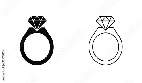 Elegant Diamond Ring Icons in Black and White for Wedding and Engagement