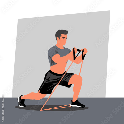 Man performing a lunge exercise using resistance bands in an indoor setting.