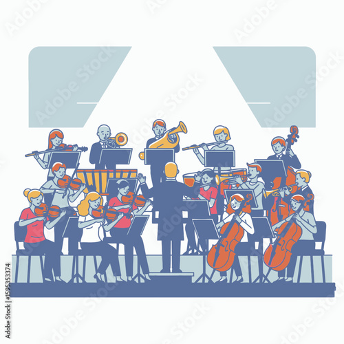 An orchestra conductor leads musicians playing various instruments on stage.