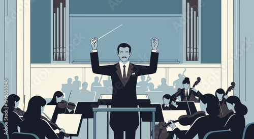 Illustration of an orchestra conductor leading musicians in a concert hall with an organ in the background.