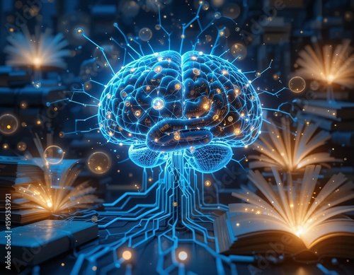 A glowing blue brain with electrical pathways above open books emitting light on a dark background