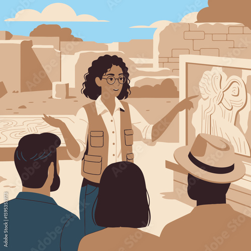 Archaeologist guides tourists at ancient ruins, explaining carvings on a stone panel.