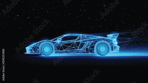 Glowing blue wireframe sports car speeding through starry night automobile vehicle