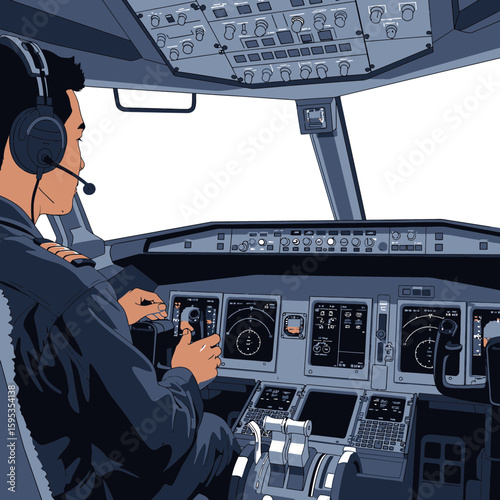 A pilot operates the aircraft's controls inside the cockpit, focused on flying.