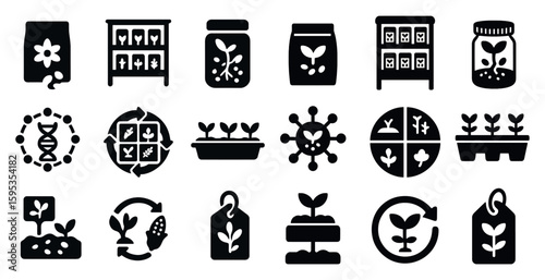 Collection of plant-related icons, including a seed, a plant, and a plant pot. These icons represent various aspects of gardening and plant care, such as planting, growing, and nurturing plants
