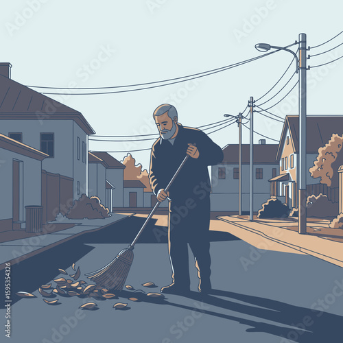 Elderly man diligently sweeps fallen leaves on a quiet residential street.