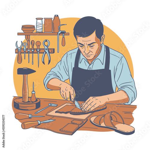 A shoemaker meticulously crafts a shoe sole in his workshop, surrounded by tools and supplies.