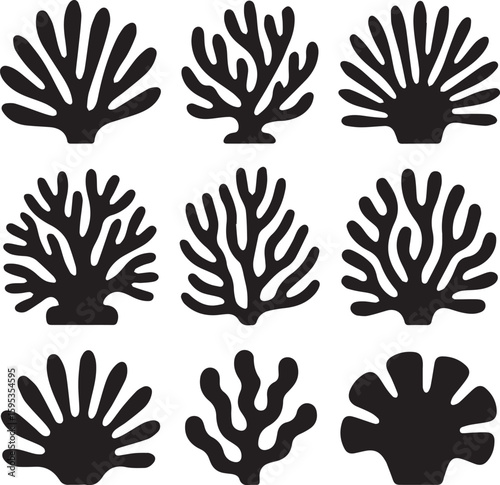 Set of nine different underwater coral reef plant silhouettes. Graphic design elements in a simple black vector style.