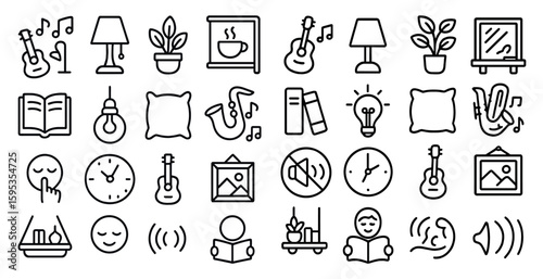 Collection of icons for various objects and activities, including a clock, a guitar, a book, a pillow, a plant, and a cup