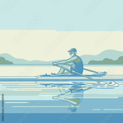 A lone rower in a boat glides across calm water, reflecting in the lake.