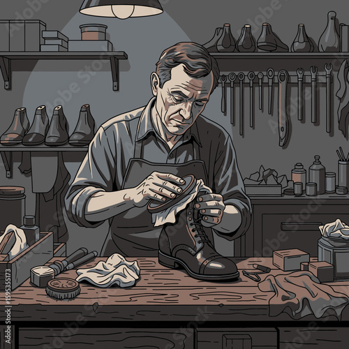 A focused illustration of a shoemaker meticulously polishing a boot in his workshop, filled with tools and supplies.