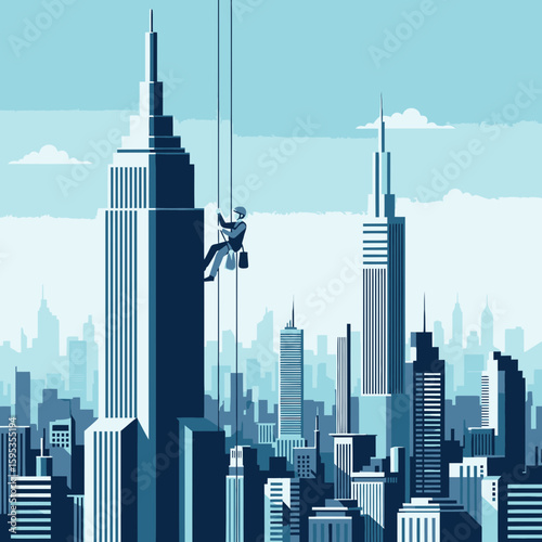 A businessman rappels down a skyscraper in a bustling cityscape, showcasing ambition and risk.