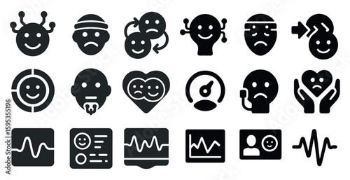 Collection of black and white faces with a variety of expressions. Some of the faces are smiling, while others are frowning. The collection includes a heart, a hand, and a person