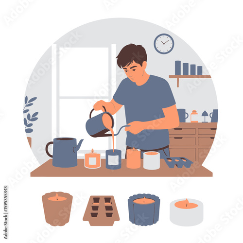 A man pours melted wax into candle molds, creating homemade candles in a cozy workshop setting.