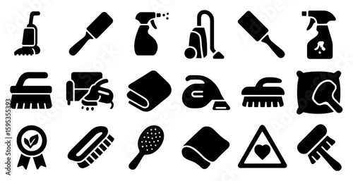 Collection of cleaning tools and supplies. The image is black and white. Scene is practical and utilitarian