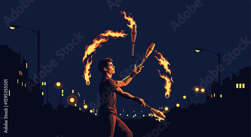 A young man skillfully juggles flaming torches in the night, creating fiery arcs.