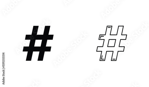 Hashtag Symbol in Solid Black and Outline Style on White Background
