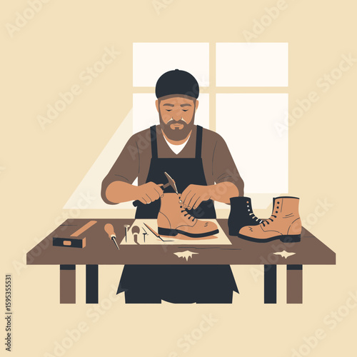 A shoemaker repairs a leather boot at his workbench, using tools in a workshop setting.