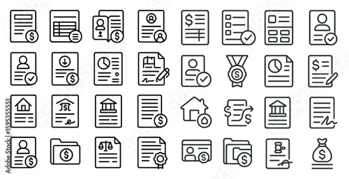 Set of line drawings of various documents and money, including a check, a contract, a bill, and a bank statement
