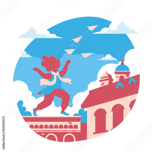 A joyful figure runs and throws paper airplanes over a building's rooftops.
