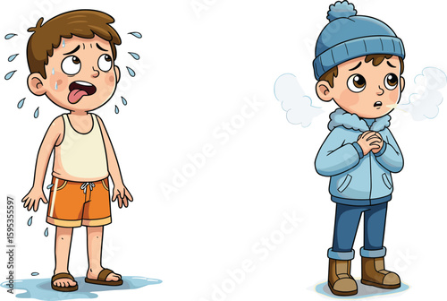 Cartoon character duo in hot and cold weather clothing, sweating and shivering expressions, flat vector cad drawing for seasonal concepts