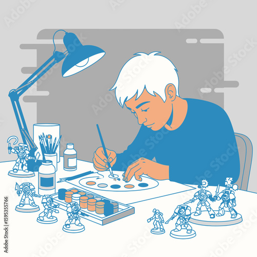 Young artist meticulously paints miniature figurines at a well-lit workspace.