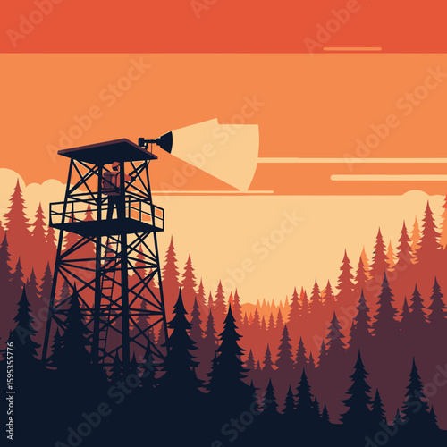 Silhouette illustration of a watchtower with a spotlight, overlooking a forest at sunset.