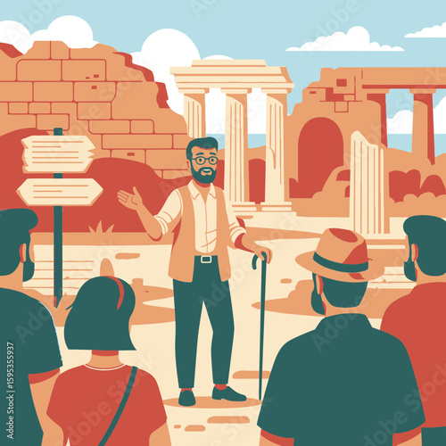 A tour guide passionately narrates the history of ancient ruins to a captivated group of tourists.