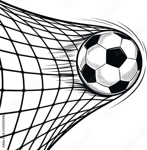 Soccer Ball in Net Vector, Black and White Goal Scoring Illustration.


