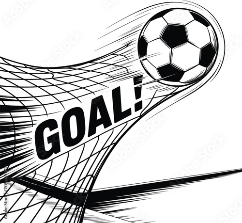 Soccer Ball in Net Vector, Black and White Goal Scoring Illustration.

