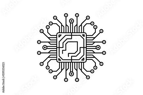 Stylized Microchip Illustration with Circuitry and Connections Representing Technology Computing and Innovation in a Clean Black and White Design for Various Digital Applications and Creative