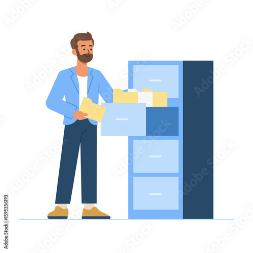 Office Worker Organizing Files in Filing Cabinet – Flat Vector Illustration