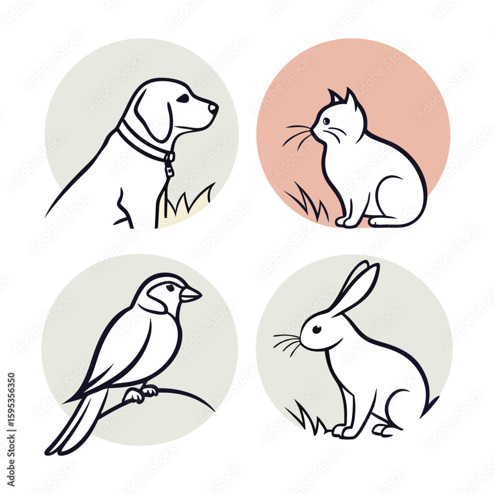 Fototapeta premium Set of 4 animal icons vector, dog, rabbit, bird