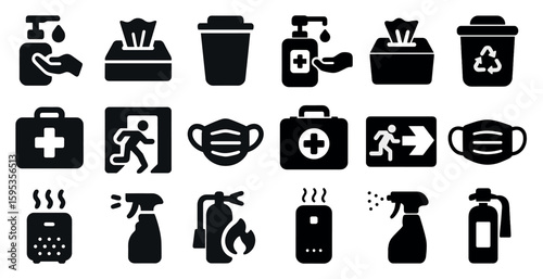 Set of icons for various items related to health and safety. The icons include a fire extinguisher, a first aid kit, a spray bottle, and a hand sanitizer