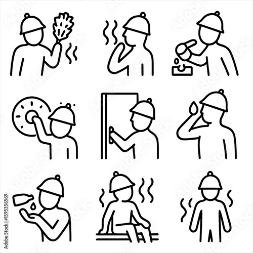 Waving wiping adjusting steam whisk vector icons icon relaxed sauna standing action